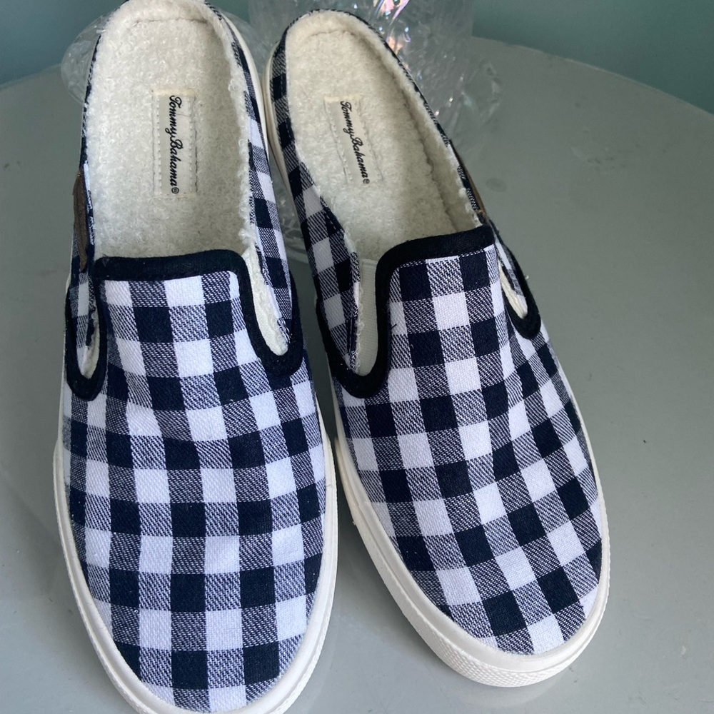 Tommy Bahama Navy Gingham Terry Lined Canvas Mules with Sneaker…
